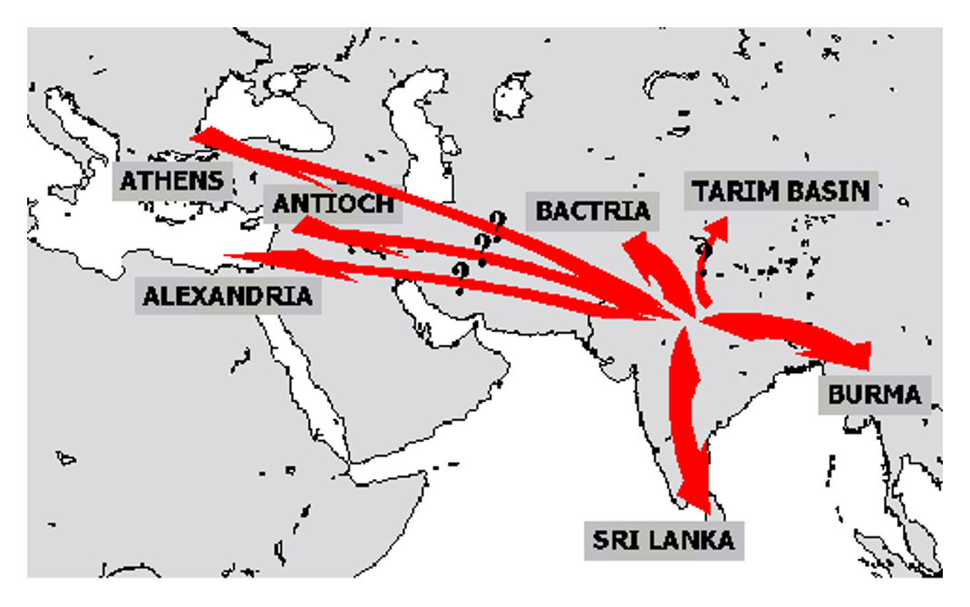 The spread of Buddhism during Asoka's rule, 260 - 218 B.C. (B.C.E.)