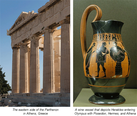 the eastern side of the Parthenon is on the left, and an ancient Greek wine vessel is on the right