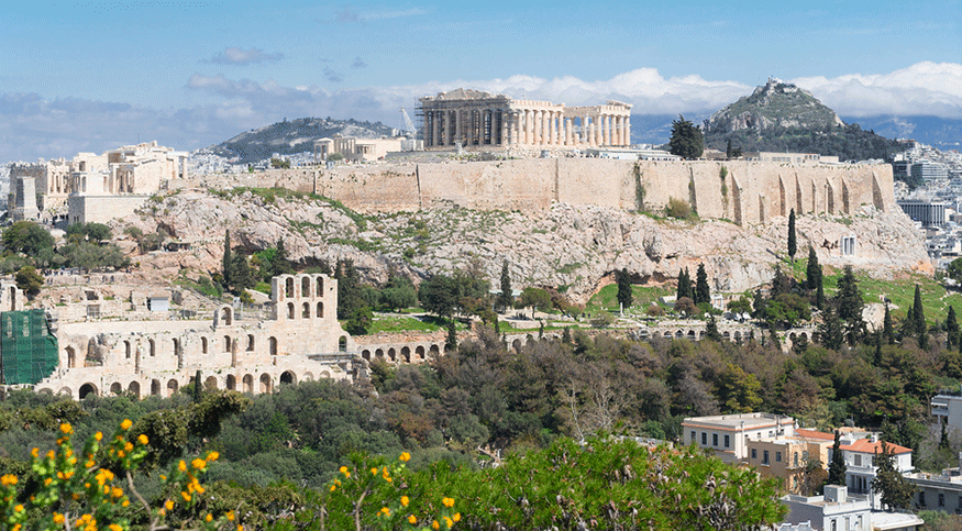 the modern-day skyline of Athens