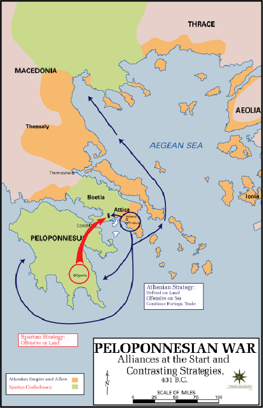 a map depicting the alliances and strategies during the Peloponnesian War