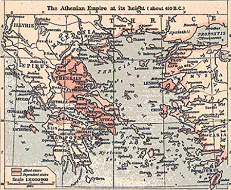 map showing areas controlled by Athens in 450 B.C.