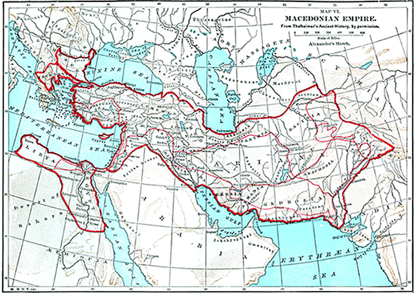 map showin the empire of Alexander the Great in red