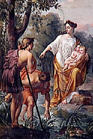 Latona fleeing persecution with infants, Apollo and Diana