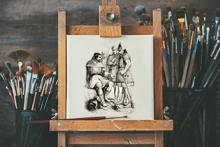 a canvas with a sketch of Charlemagne soldiers mounted on a easel with paint brushes in surrounding containers