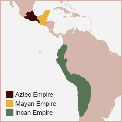 map showing Aztec Empire, Mayan Empire, and Incan Empire from north to south