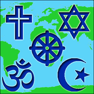 Graphic of five major religions overlayed on map of Earth.