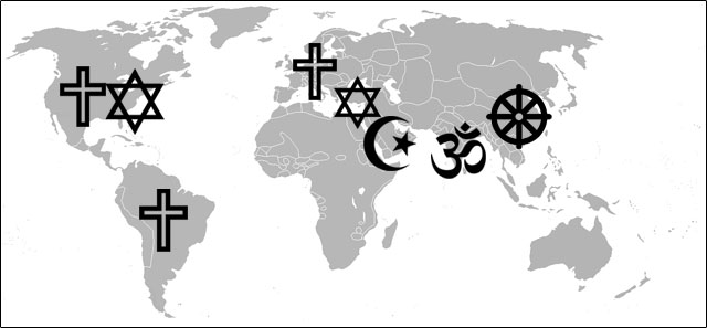 Map of world showing major concentrations of world religions in the modern world. 