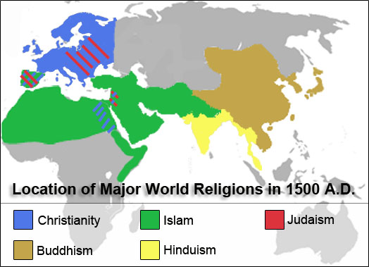 Map of the world's major religions in 1500 CE