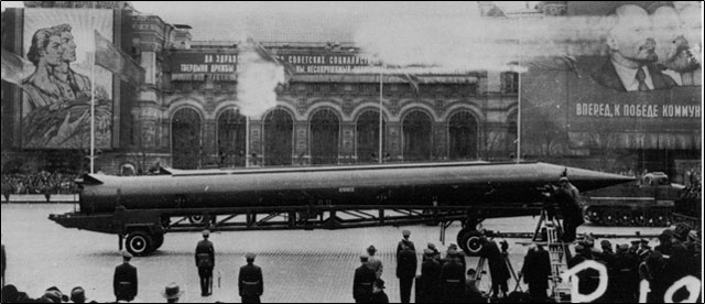 Image of Soviet medium-range ballistic missile in Red Square, Moscow.