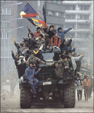 Image of Romanian protestors during revolution.