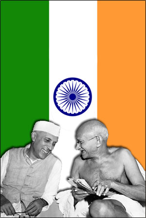 Image of Nehru and Gandhi superimposed on Indian flag.