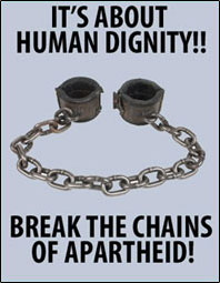 Example poster with slogans and picture of chains. 