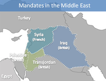 Map of mandates in the Middle East following World War I.