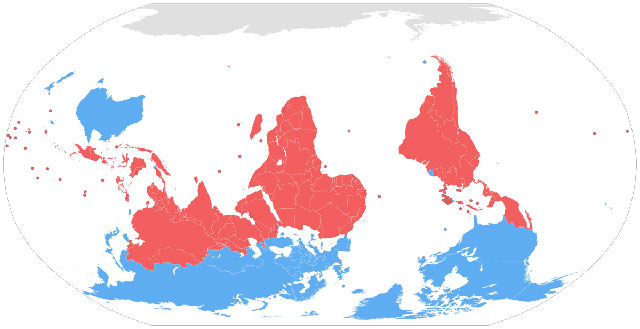 Upside down world map showing divisions of wealth. 