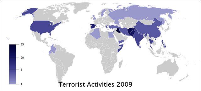 Map of global terrorist activities in 2009.