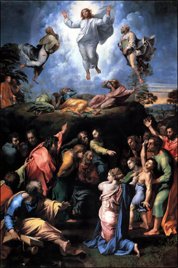 Painting entitled Transfiguration by  Raffaello Sanzio. 