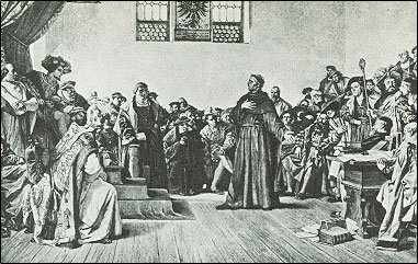 Illustration of Martin Luther appearing before the Diet of Worms.