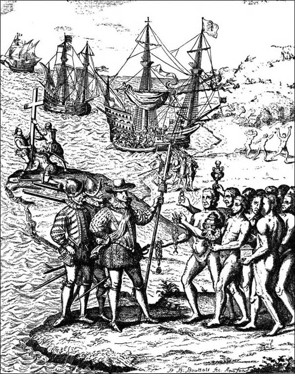 Illustration of Europeans meeting indigenous North Americans