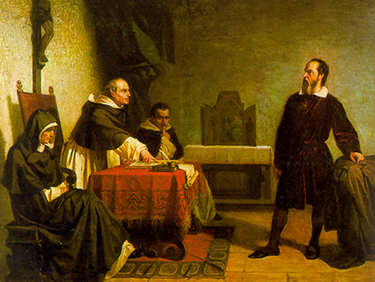 Painting of Galileo Galilei facing the Roman Inquisition