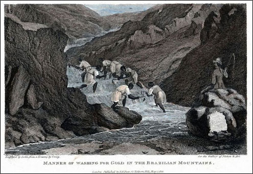 Illustration of slaves mining in Brazil with overseer. 