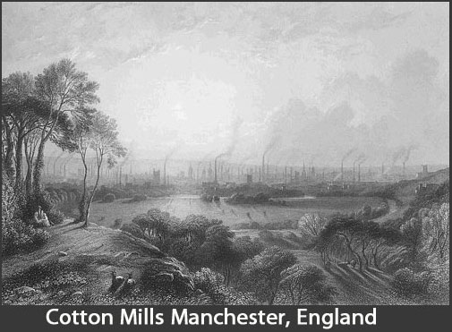 Engraving of Manchester, England, center of textile manufacturing.