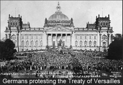 Image of Germans protesting the Treaty of Versailles in front of the Reichstag.