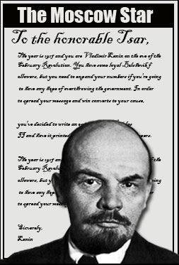 Image of Lenin overlayed on a graphic of a newspaper. 