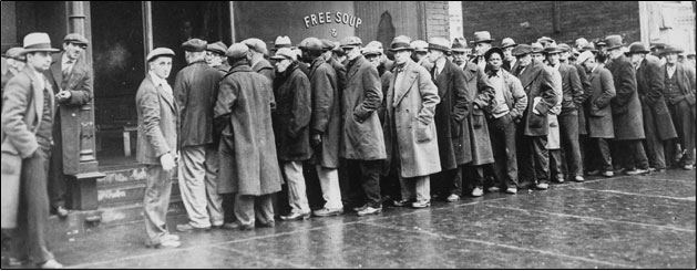 Image of men standing in frong of soup kitchen in Chicago.