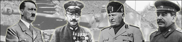Montage of Hitler, Tojo, Mussolini and Stalin in front of tank. 