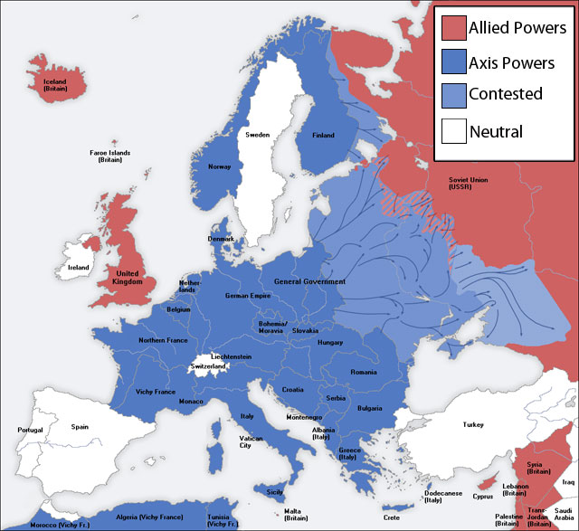 Map of the Axis powers at their greatest extent. 